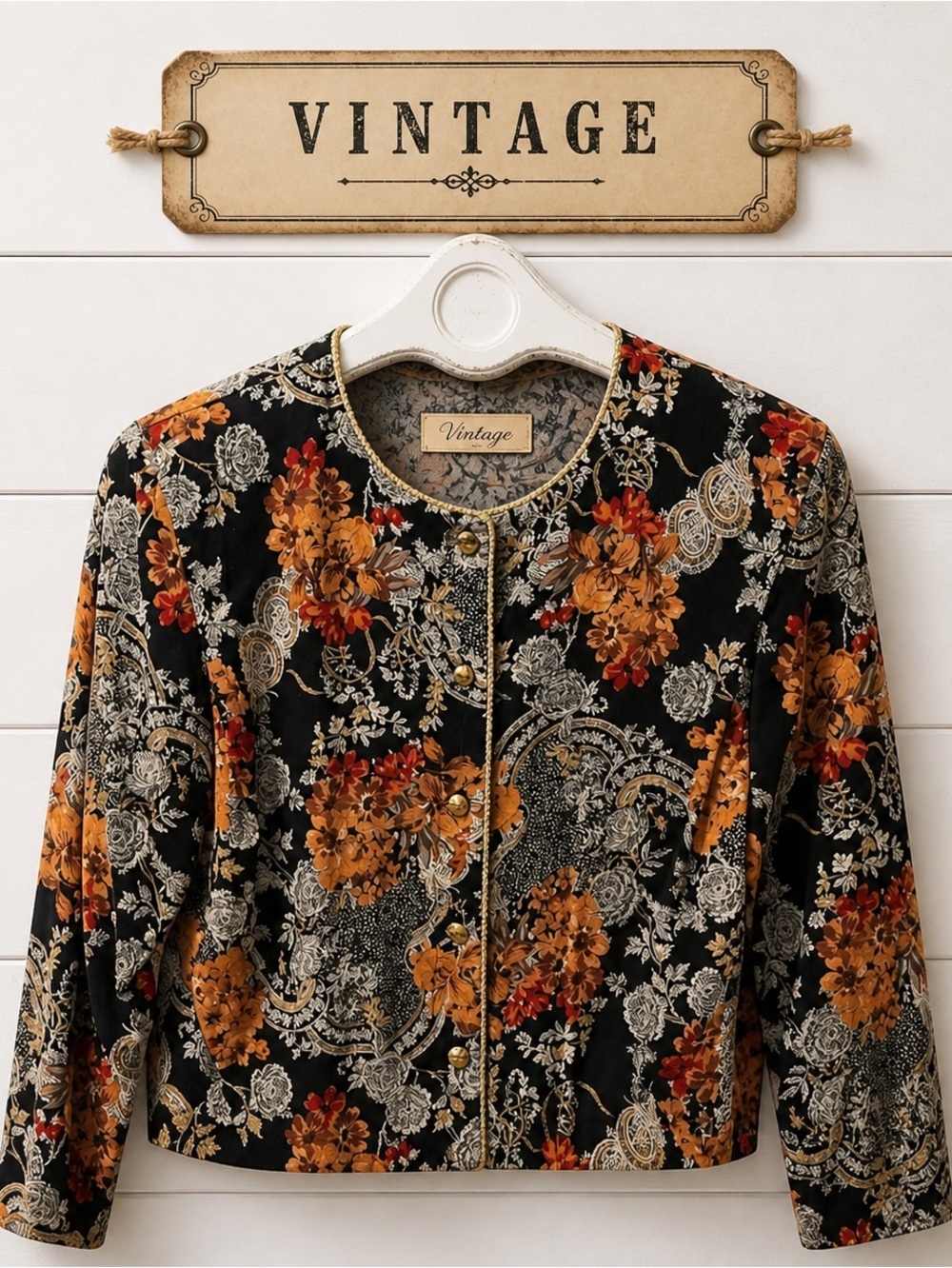 Vintage-style floral blouse in warm tones of burnt orange. Size S/M
